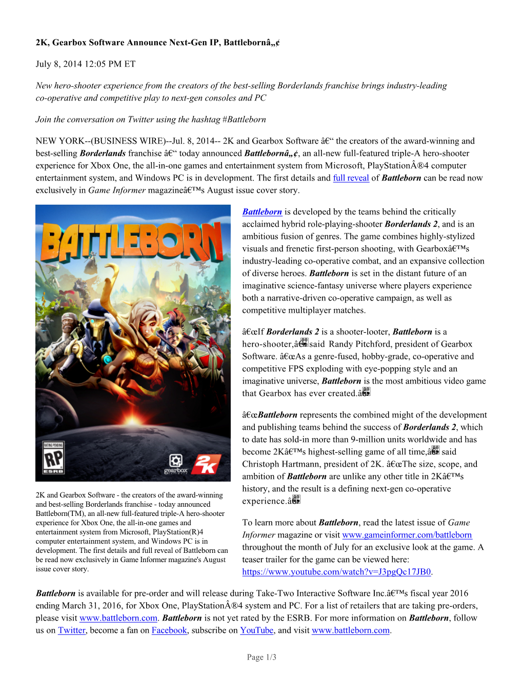 2K, Gearbox Software Announce Next-Gen IP, Battlebornâ„¢ July 8