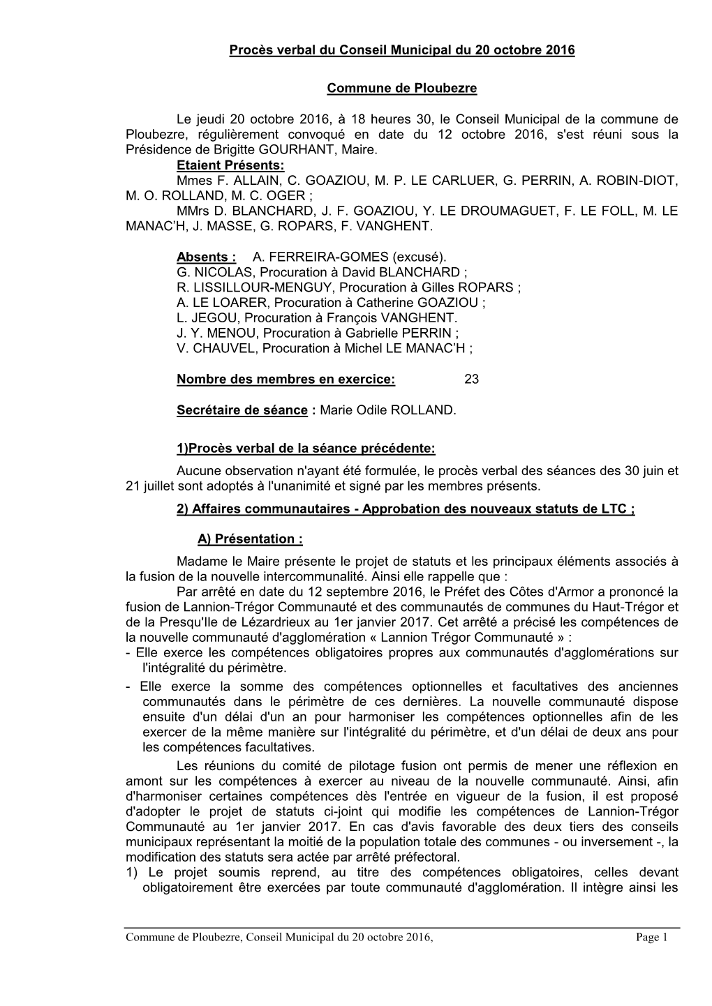 Procès Verbal Du Conseil Municipal Du 16/06/1995