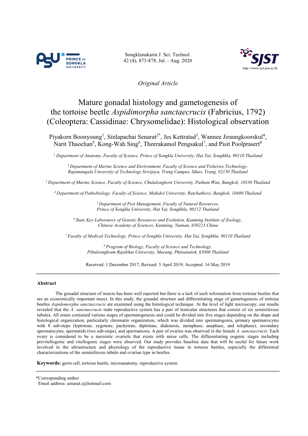 Mature Gonadal Histology and Gametogenesis of the Tortoise