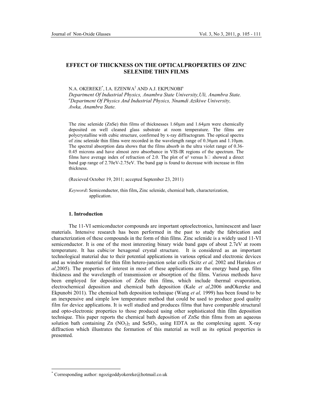 Effect of Thickness on the Opticalproperties of Zinc Selenide Thin Films