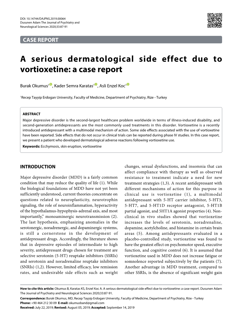 A Serious Dermatological Side Effect Due to Vortioxetine: a Case Report