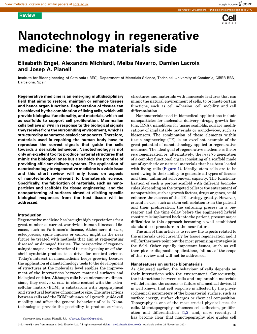 Nanotechnology in Regenerative Medicine: the Materials Side