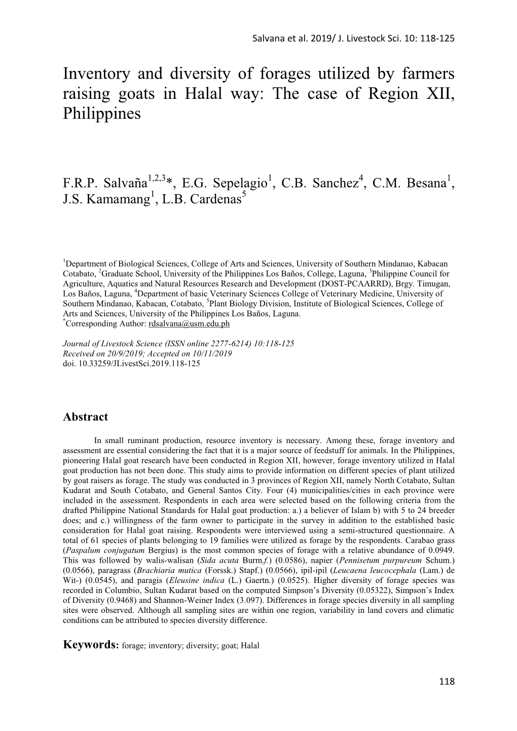 Inventory and Diversity of Forages Utilized by Farmers Raising Goats in Halal Way: the Case of Region XII, Philippines