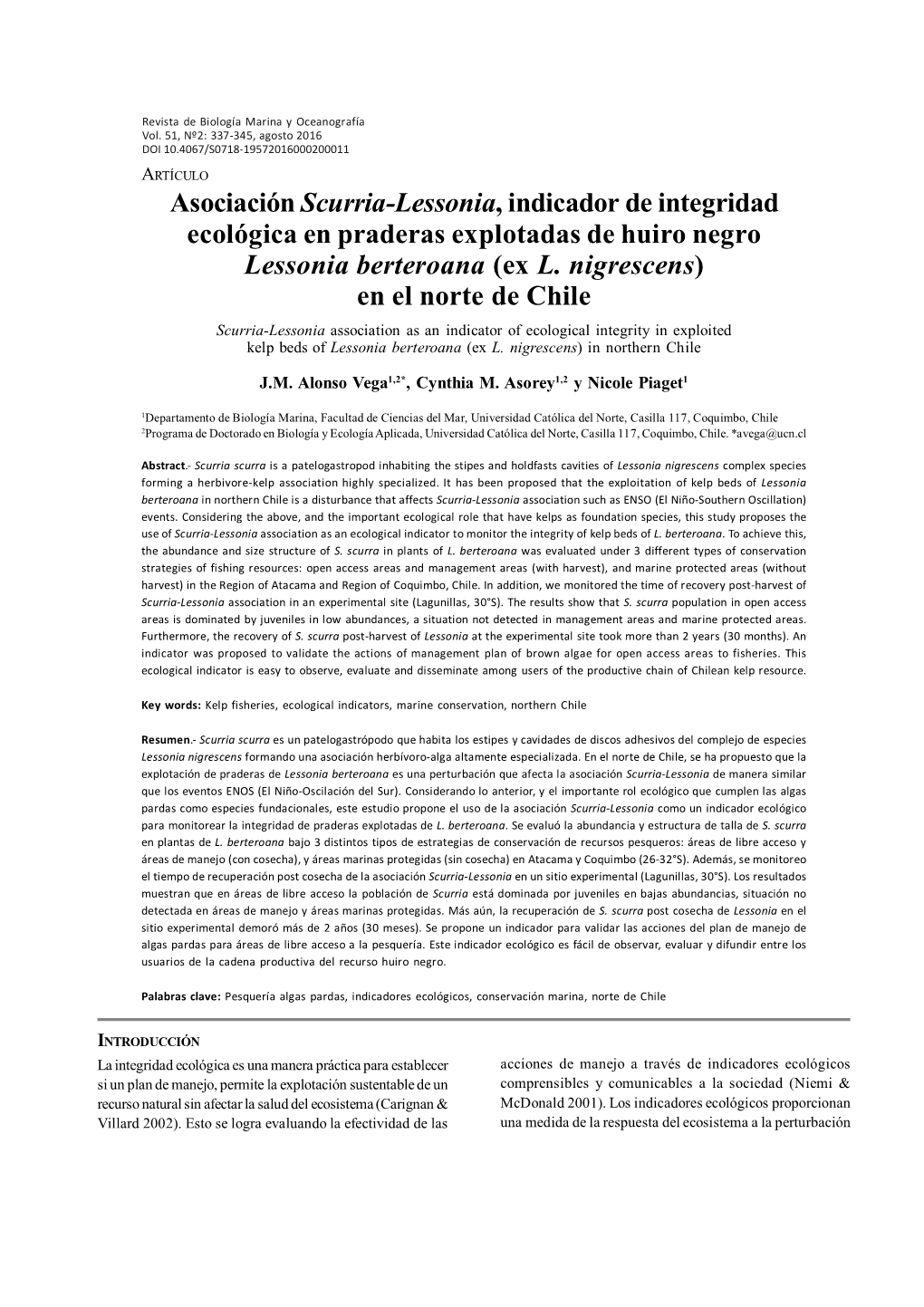 Asociación Scurria-Lessonia, Indicador De Integridad Ecológica En Praderas Explotadas De Huiro Negro Lessonia Berteroana (Ex L