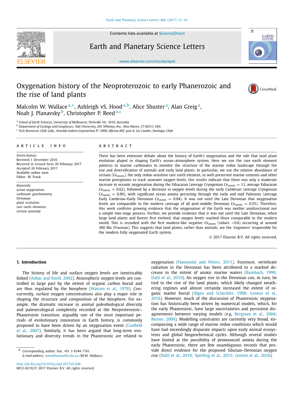 Oxygenation History of the Neoproterozoic to Early Phanerozoic and the Rise of Land Plants ∗ Malcolm W