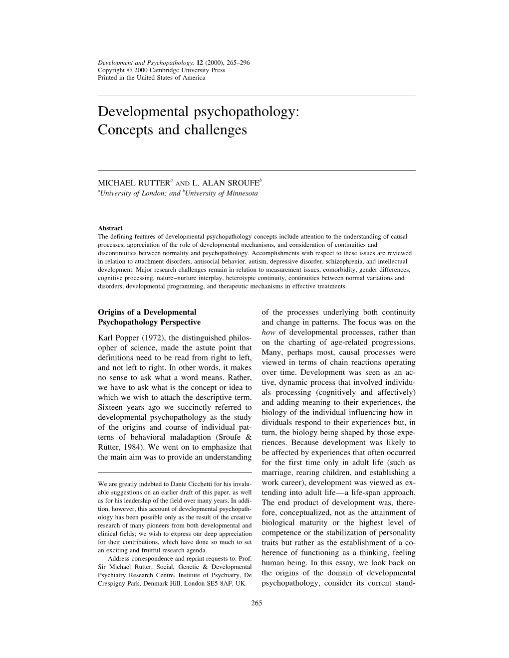 Developmental Psychopathology: Concepts and Challenges