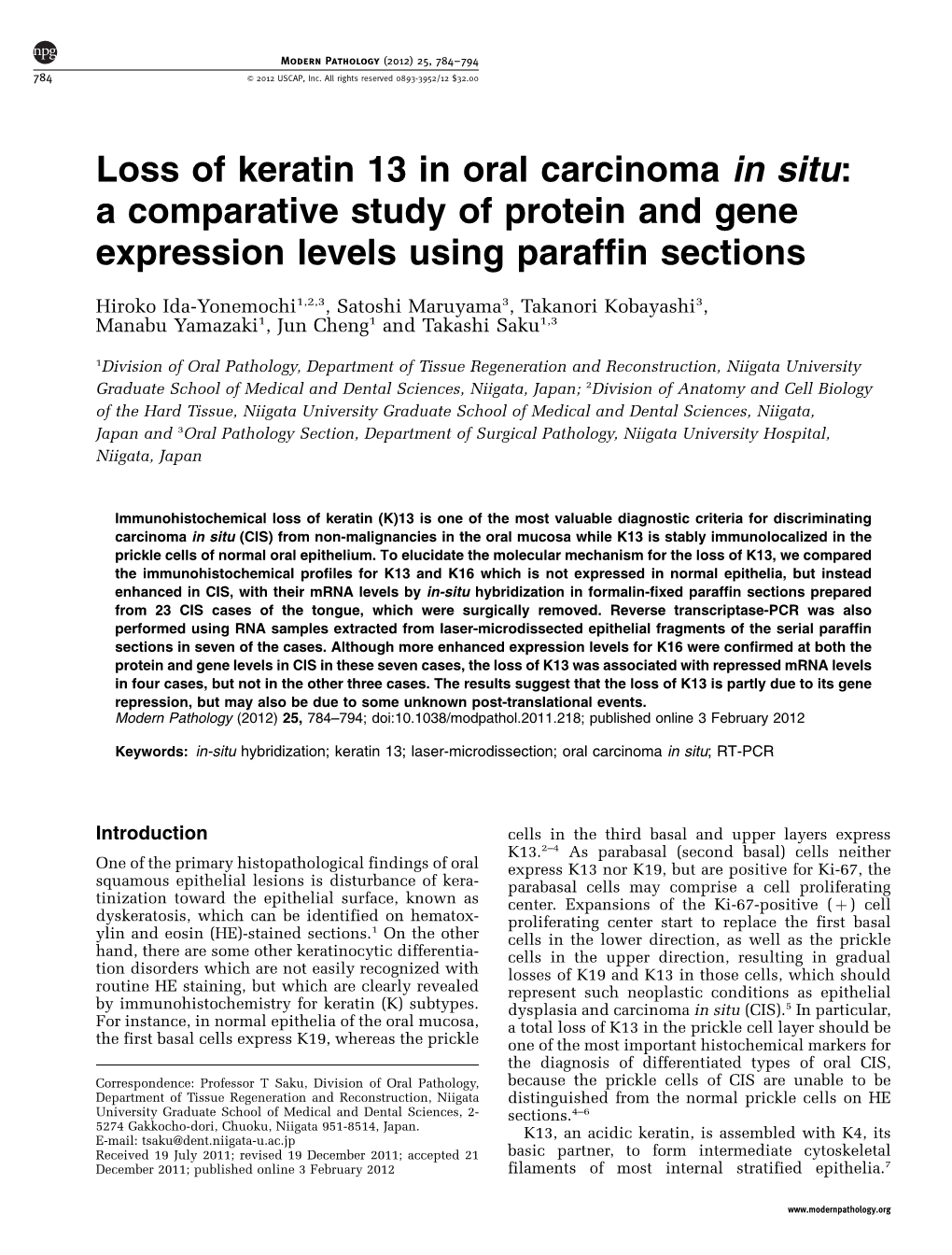 Loss of Keratin 13 in Oral Carcinoma in Situ: a Comparative Study of Protein and Gene Expression Levels Using Paraffin Sections