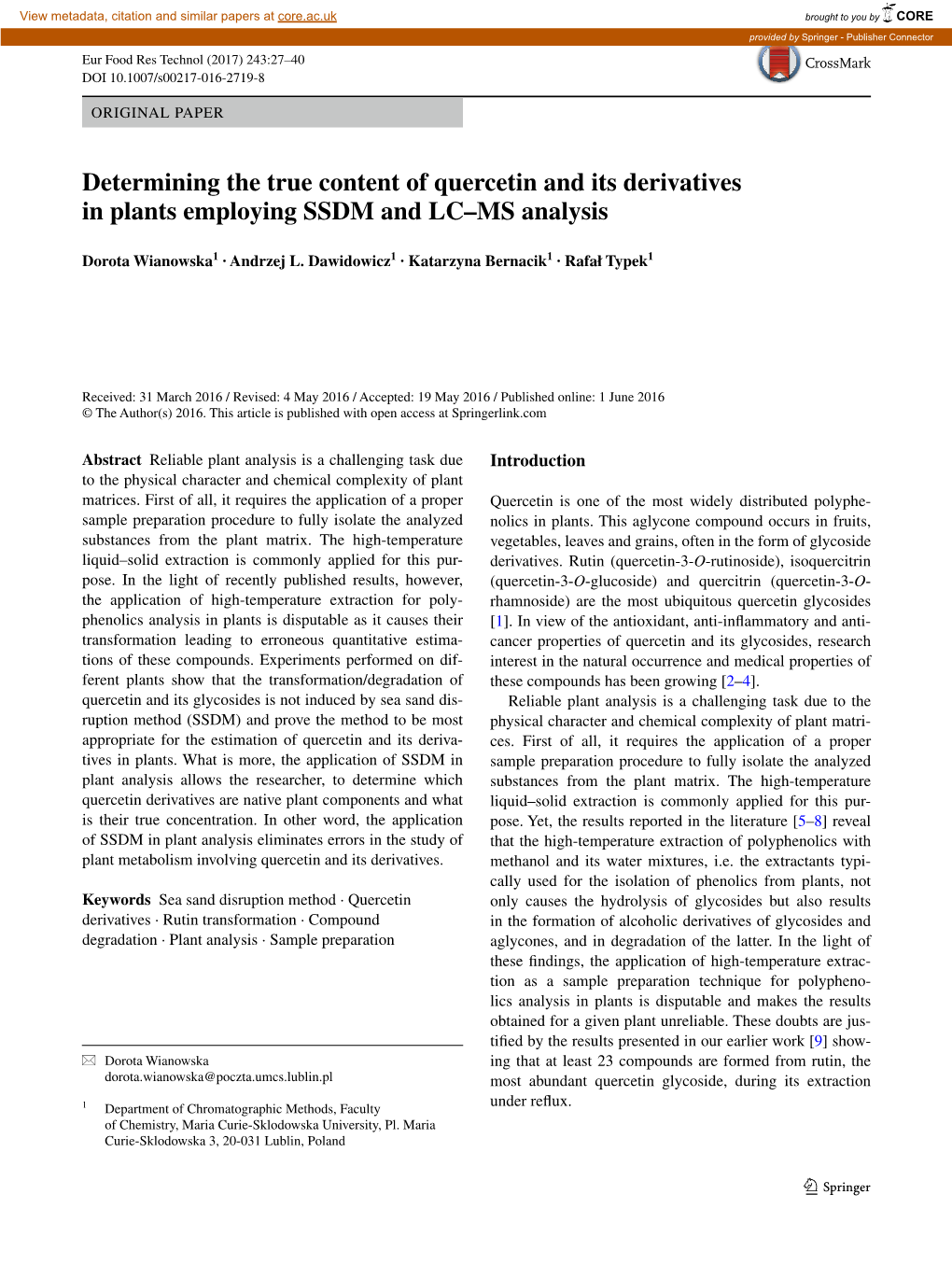 Determining the True Content of Quercetin and Its Derivatives in Plants Employing SSDM and LC–MS Analysis