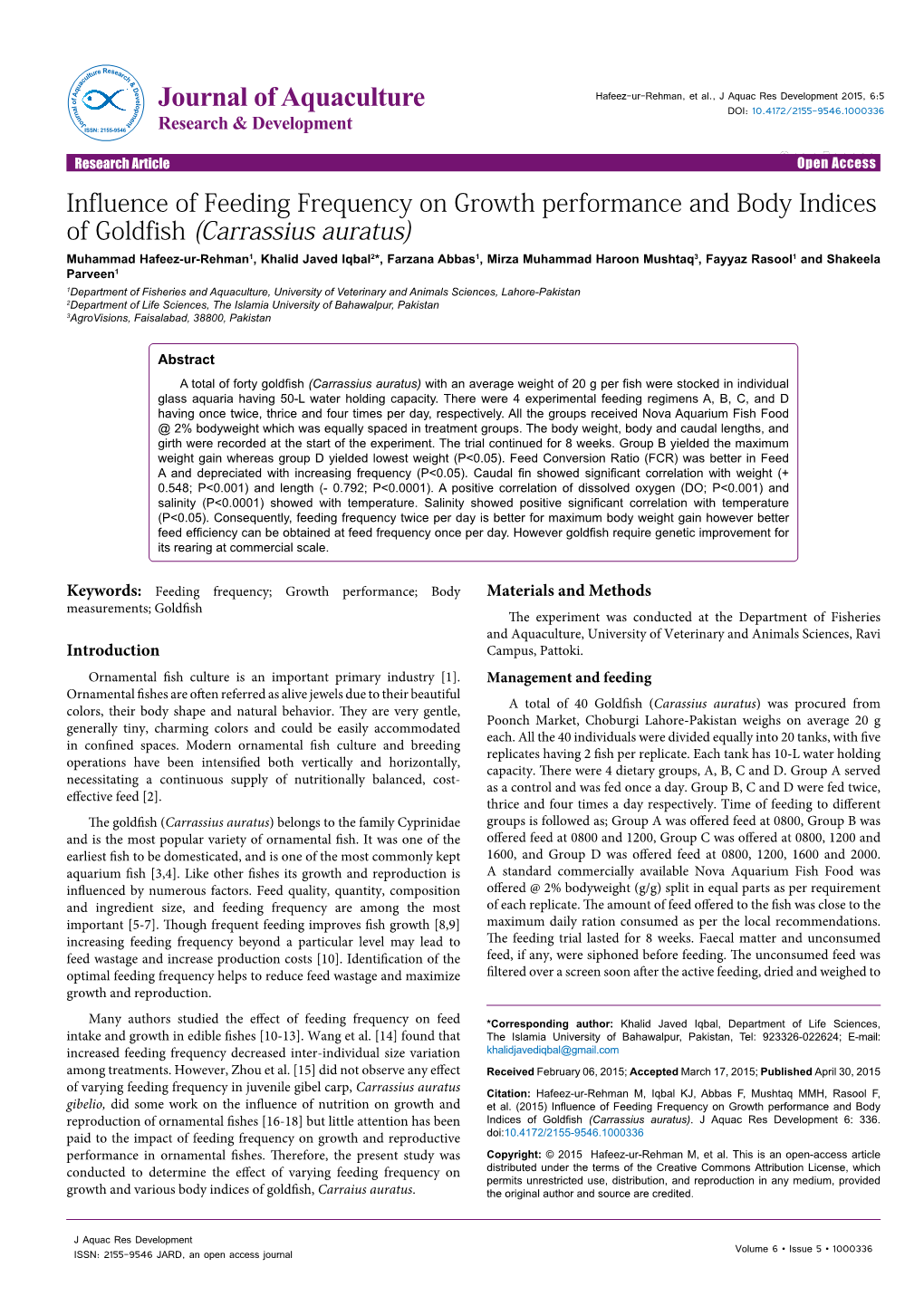 Influence of Feeding Frequency on Growth Performance and Body Indices of Goldfish (Carrassius Auratus)