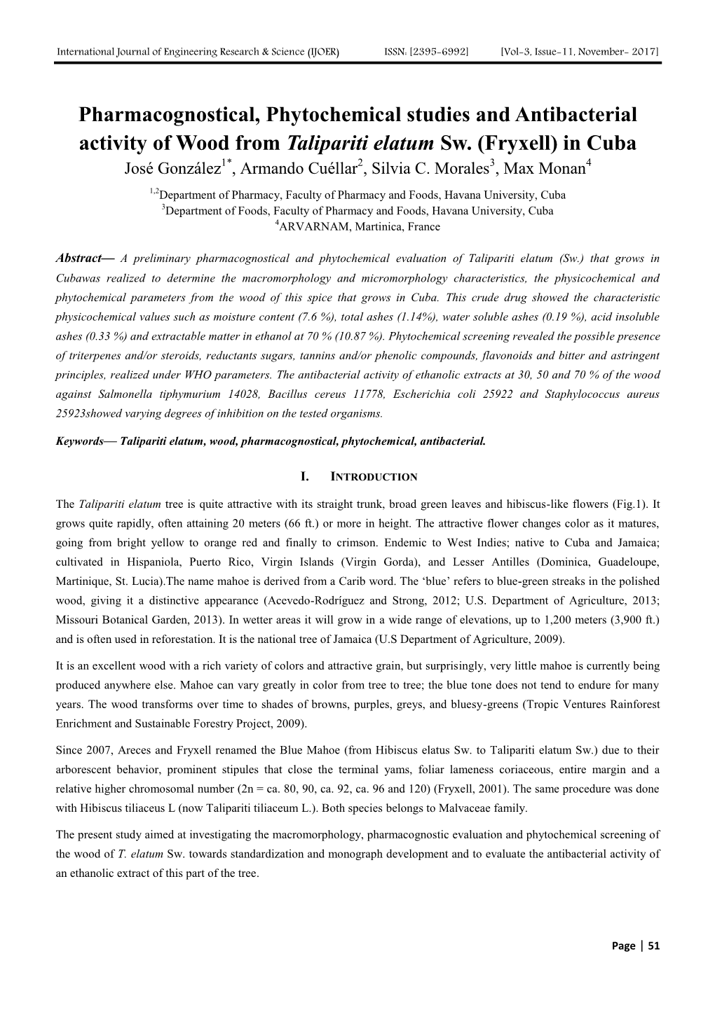 Pharmacognostical, Phytochemical Studies and Antibacterial Activity of Wood from Talipariti Elatum Sw