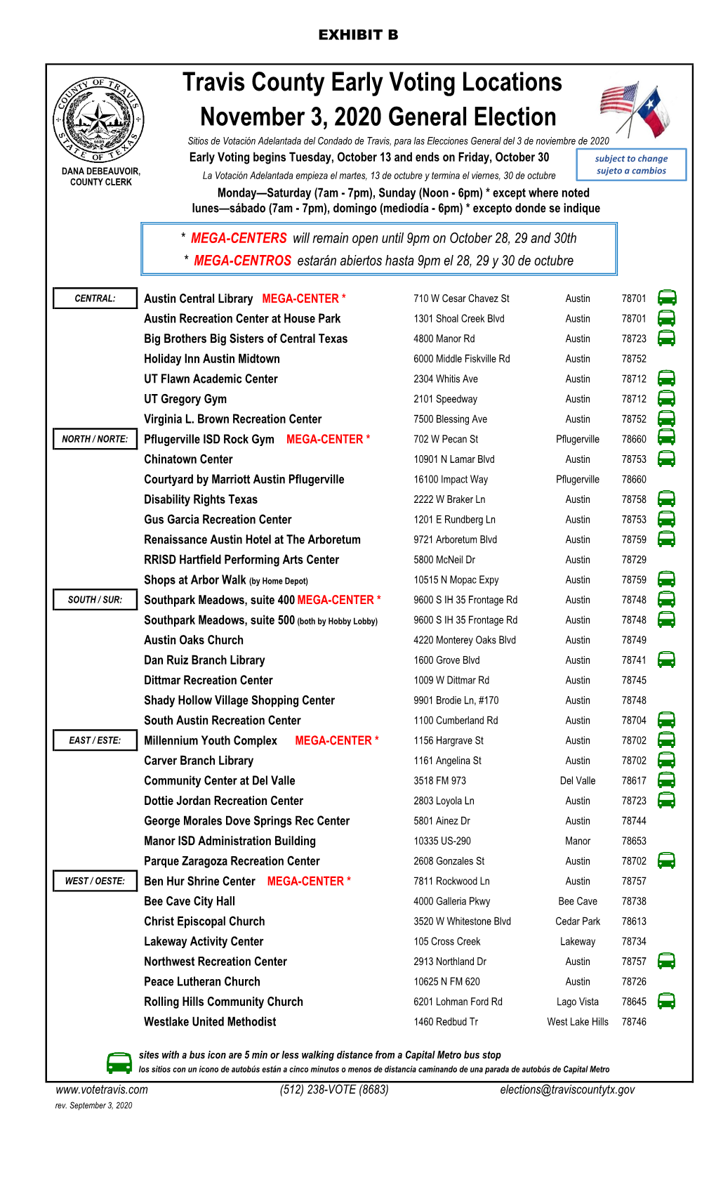 Travis County Early Voting Locations November 3, 2020 General Election