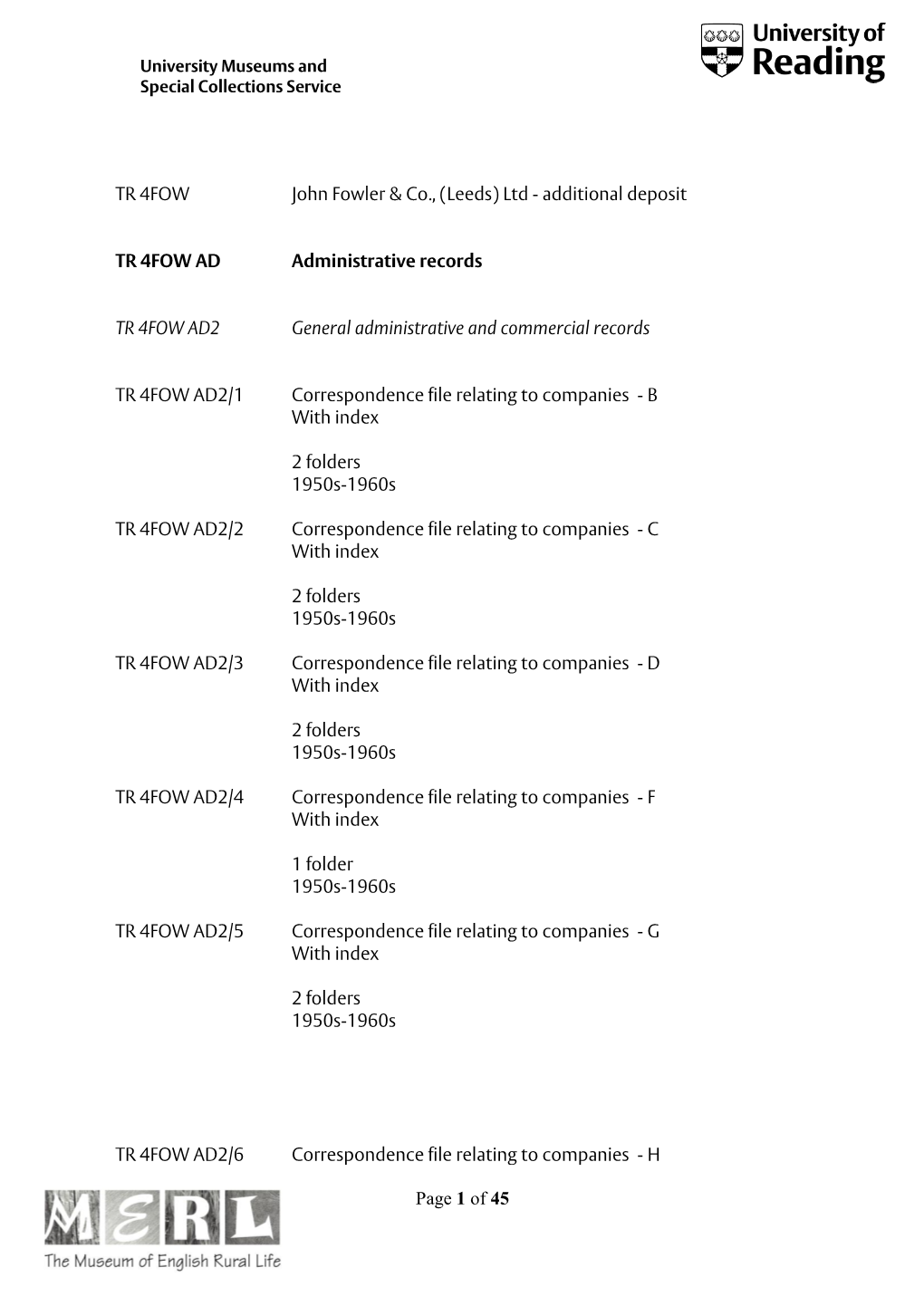 Page 1 of 45 TR 4FOW John Fowler & Co., (Leeds)