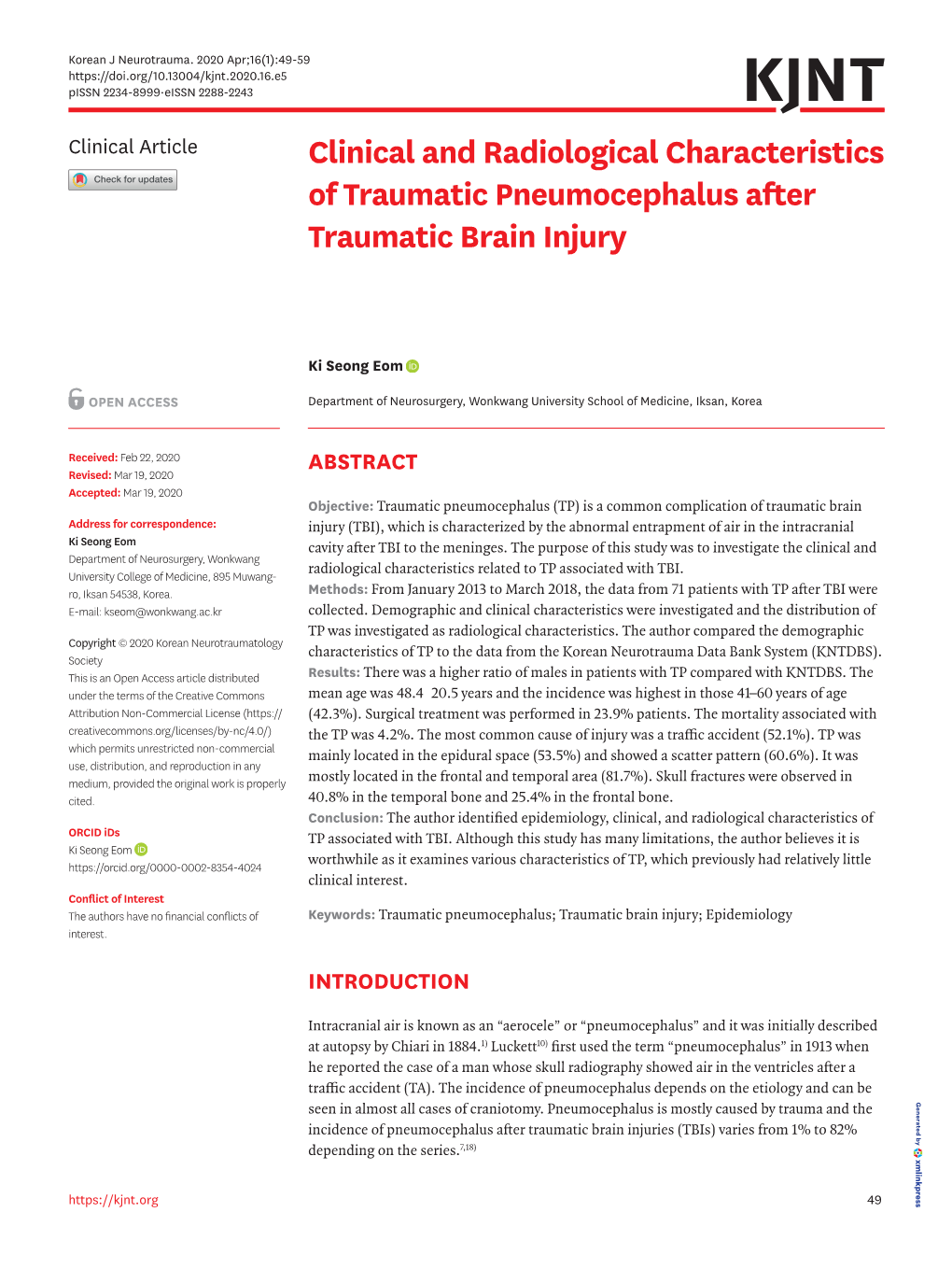 Clinical and Radiological Characteristics of Traumatic Pneumocephalus After Traumatic Brain Injury