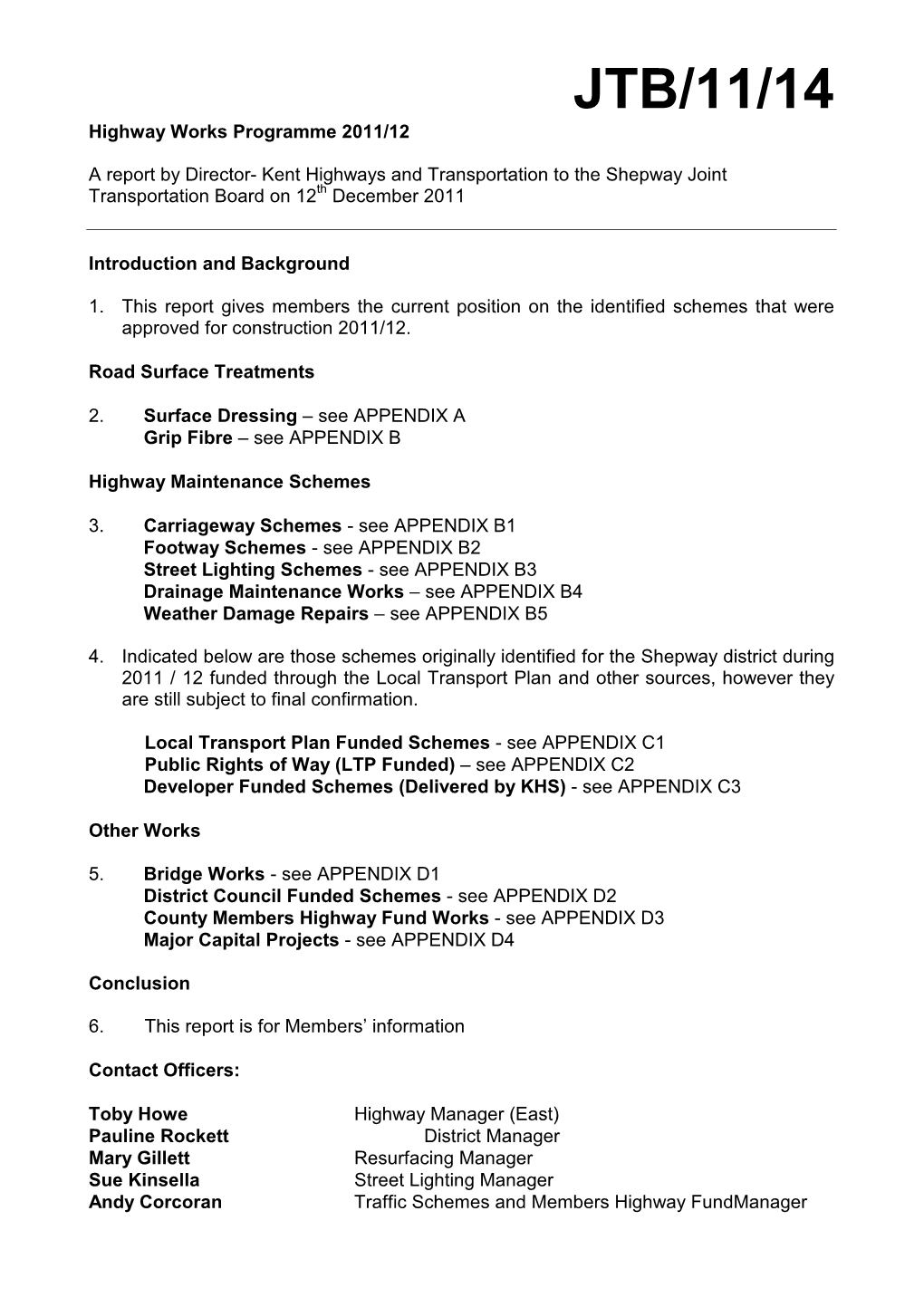 JTB/11/14 Highway Works Programme 2011/12