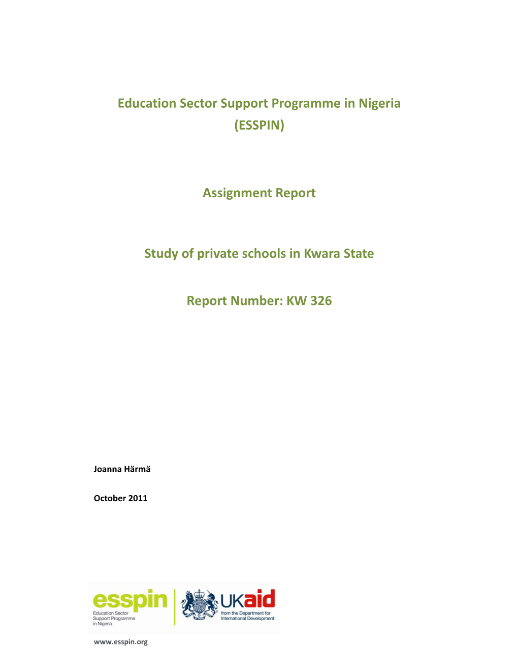 KW 326 Study of Private Schools in Kwara State