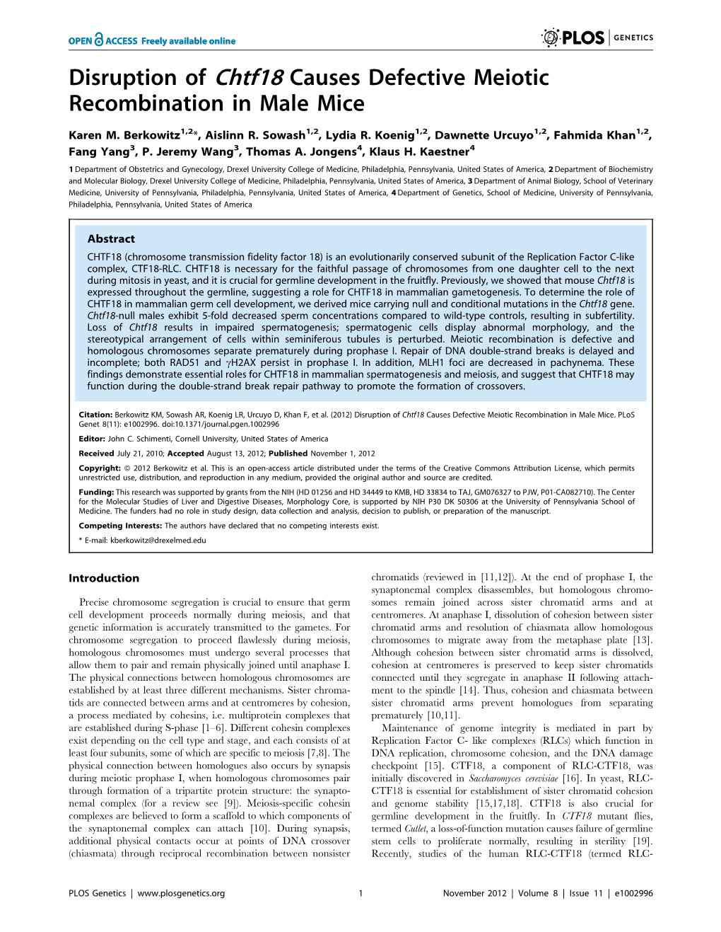 Disruption of Chtf18 Causes Defective Meiotic Recombination in Male Mice