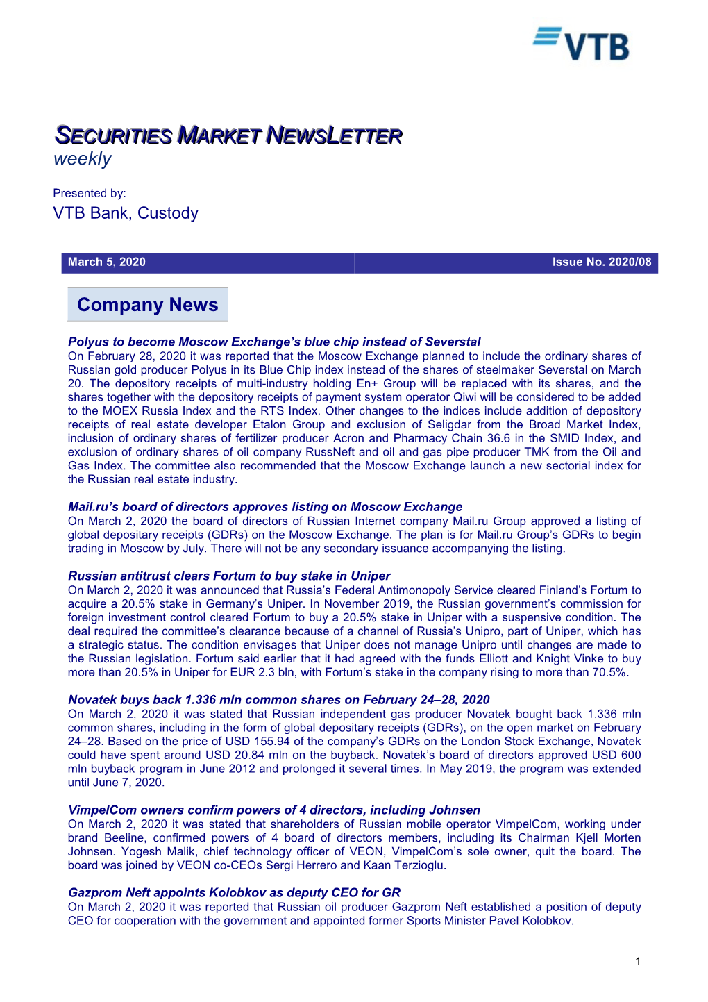 Company News SECURITIES MARKET NEWS LETTER Weekly