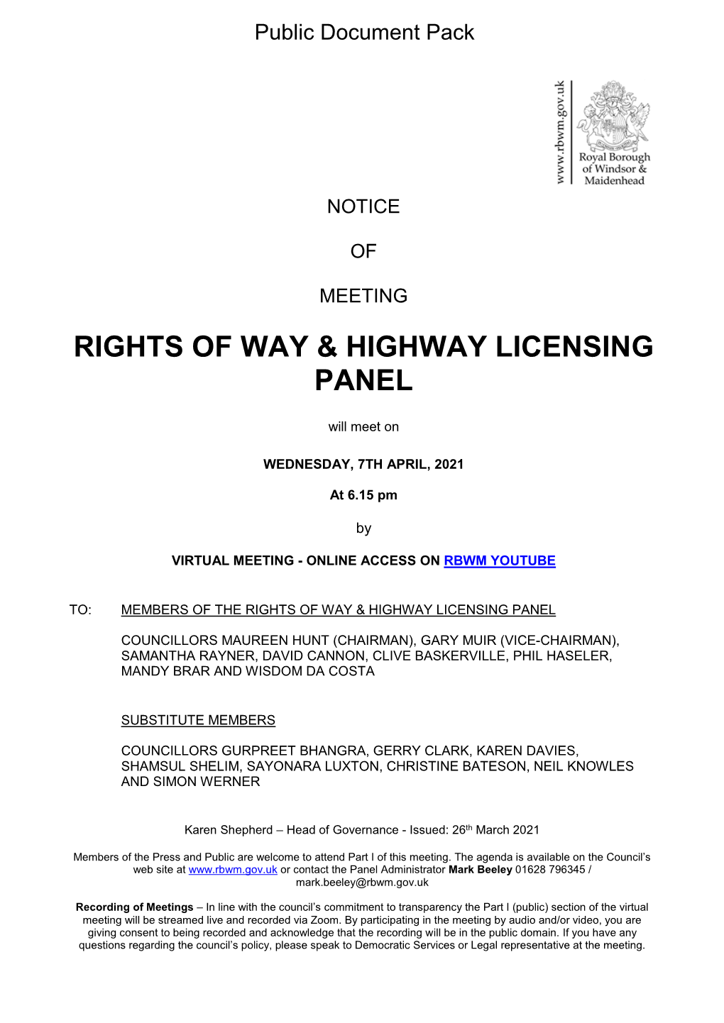 (Public Pack)Agenda Document for Rights of Way & Highway