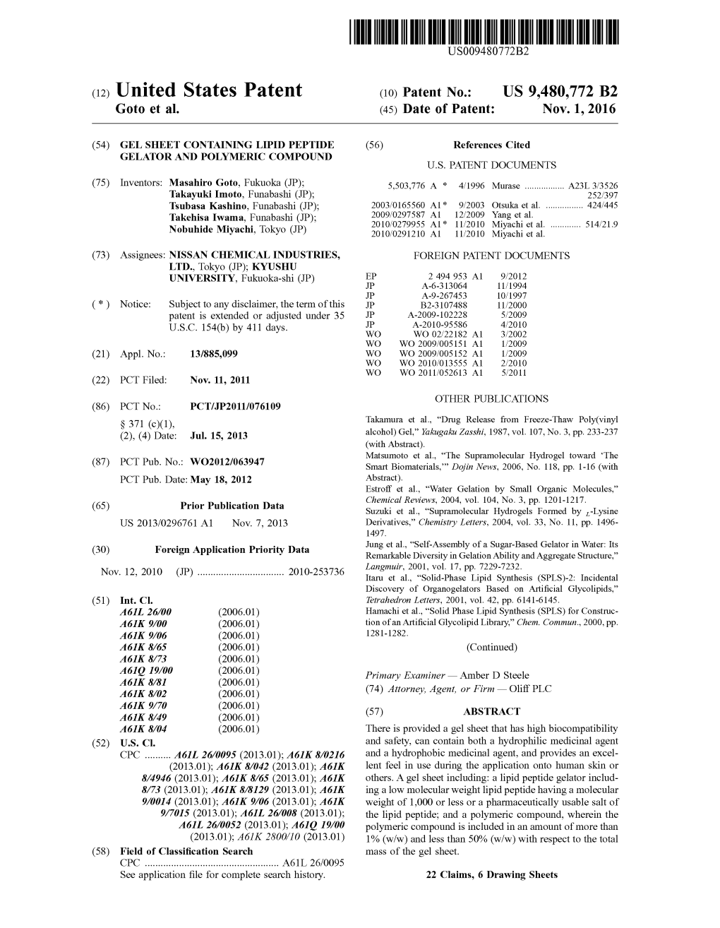 (12) United States Patent (10) Patent No.: US 9.480,772 B2 Goto Et Al