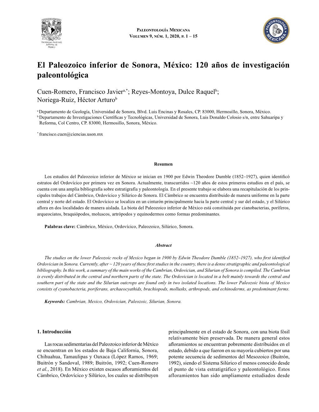 El Paleozoico Inferior De Sonora, México: 120 Años De Investigación Paleontológica