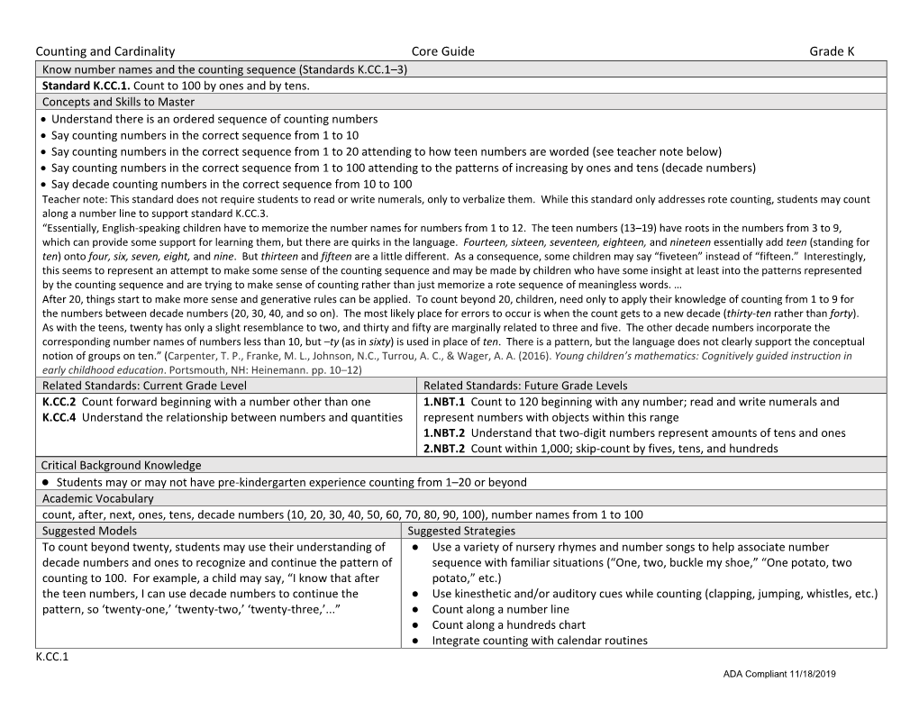 Mathematics Core Guide Kindergarten Counting and Cardinality