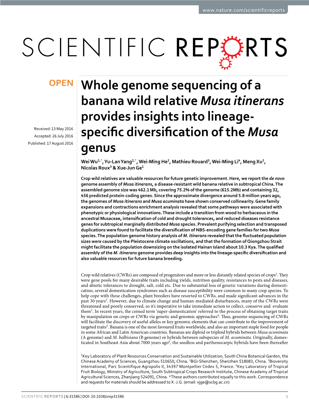 Whole Genome Sequencing of a Banana Wild Relative Musa Itinerans