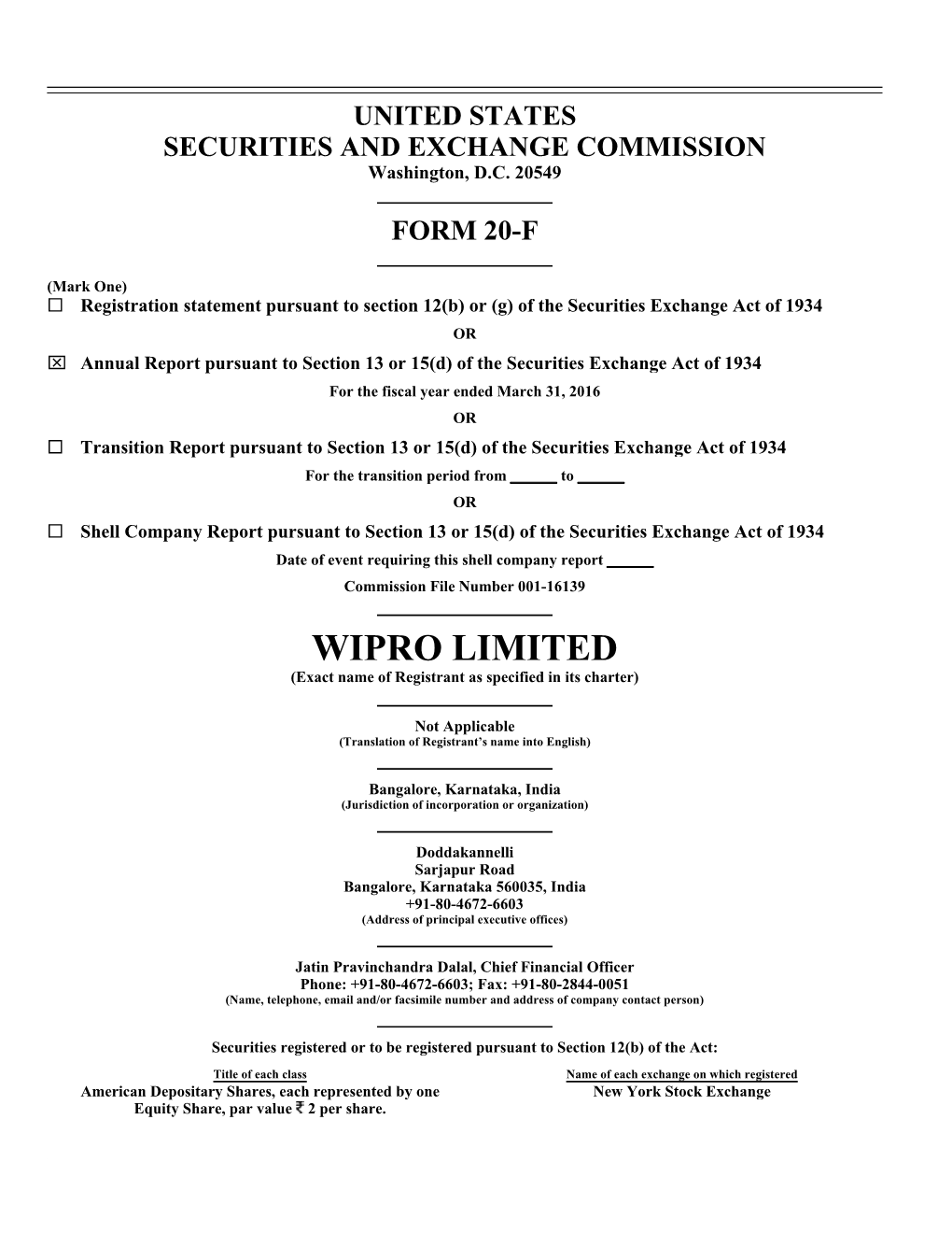 WIPRO LIMITED (Exact Name of Registrant As Specified in Its Charter)