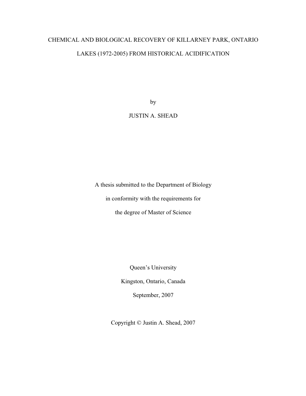 Chemical and Biological Recovery of Killarney Park, Ontario