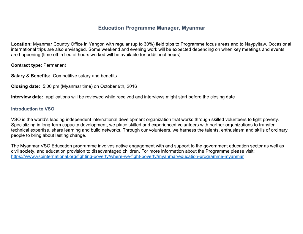 Education Programme Manager, Myanmar