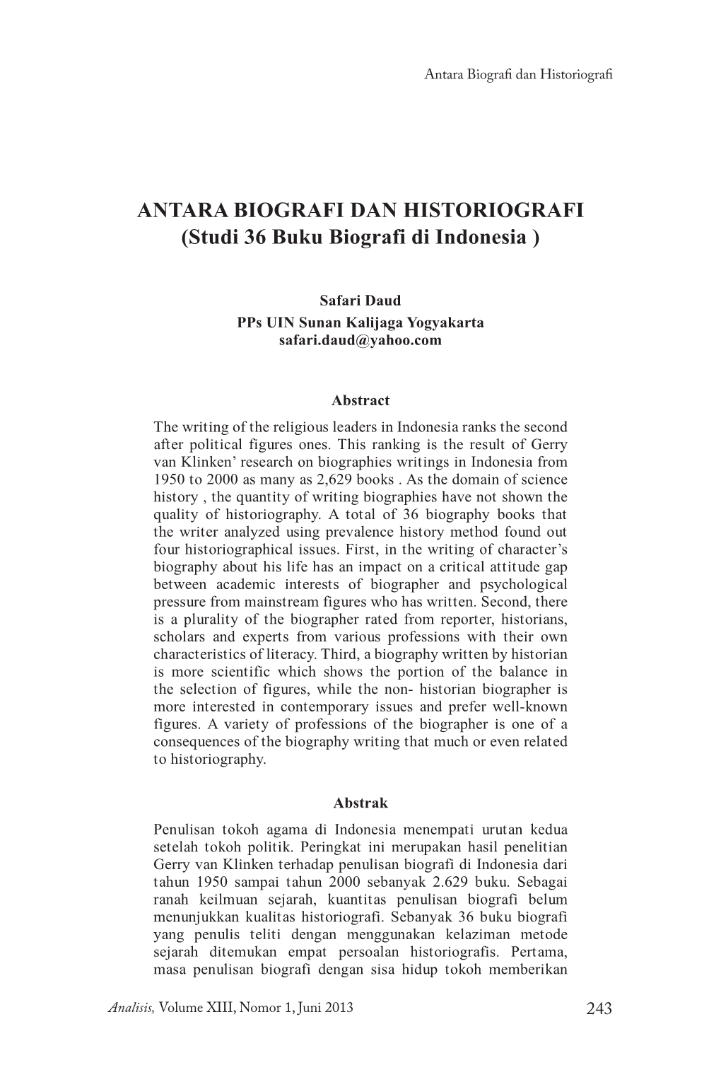 ANTARA BIOGRAFI DAN HISTORIOGRAFI (Studi 36 Buku Biografi Di Indonesia )