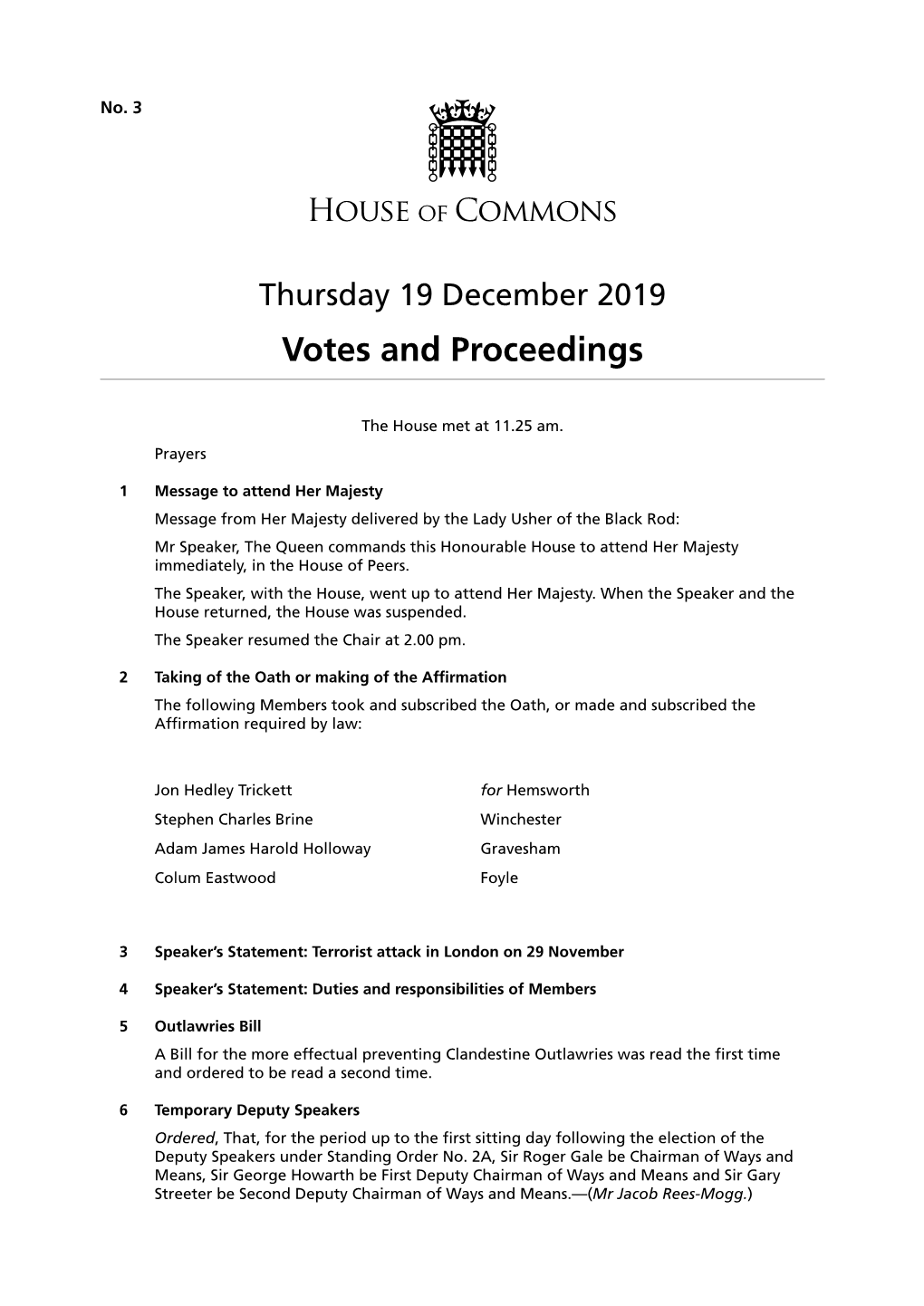 Votes and Proceedings for 19 Dec 2019