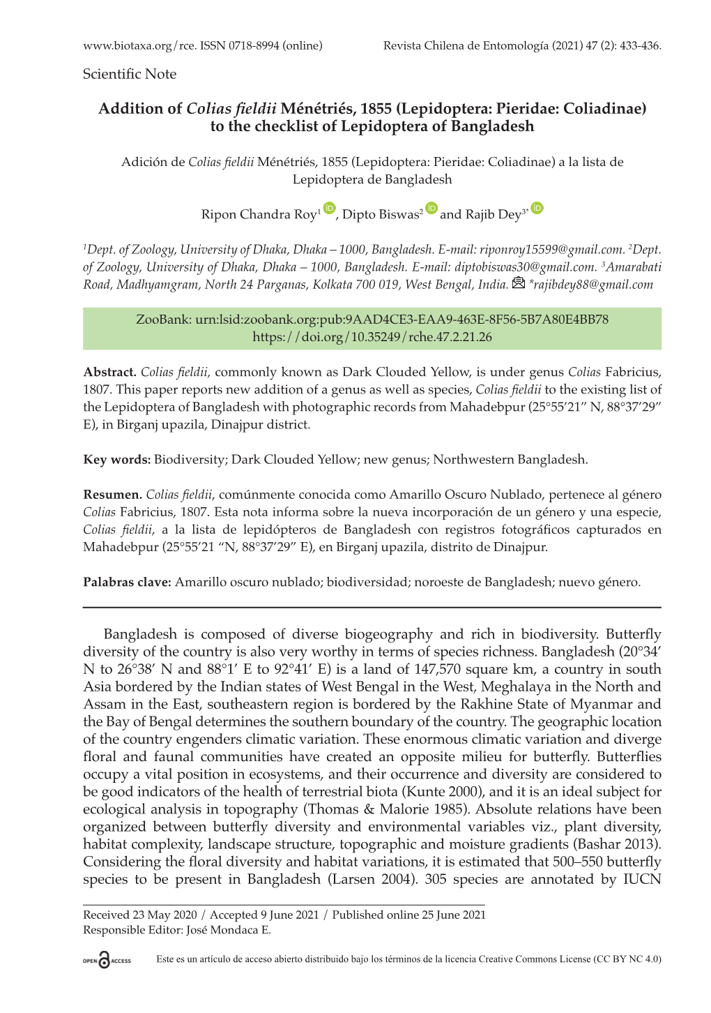 Addition of Colias Fieldii Ménétriés, 1855 (Lepidoptera: Pieridae: Coliadinae) to the Checklist of Lepidoptera of Bangladesh