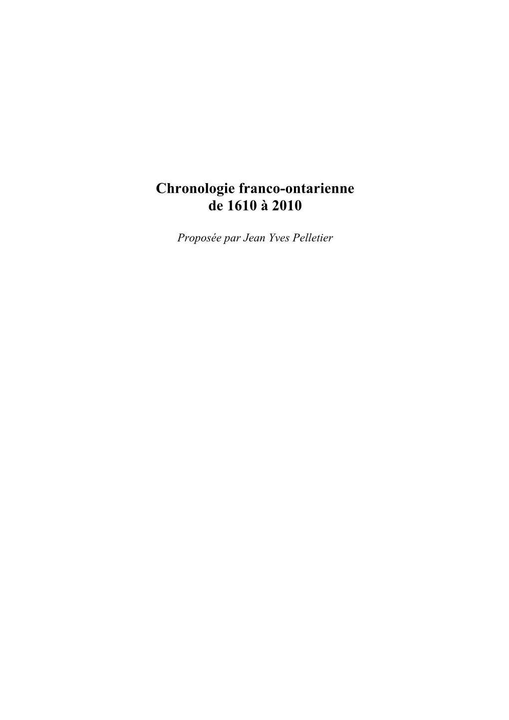 Chronologie Franco-Ontarienne 1610 À 2010