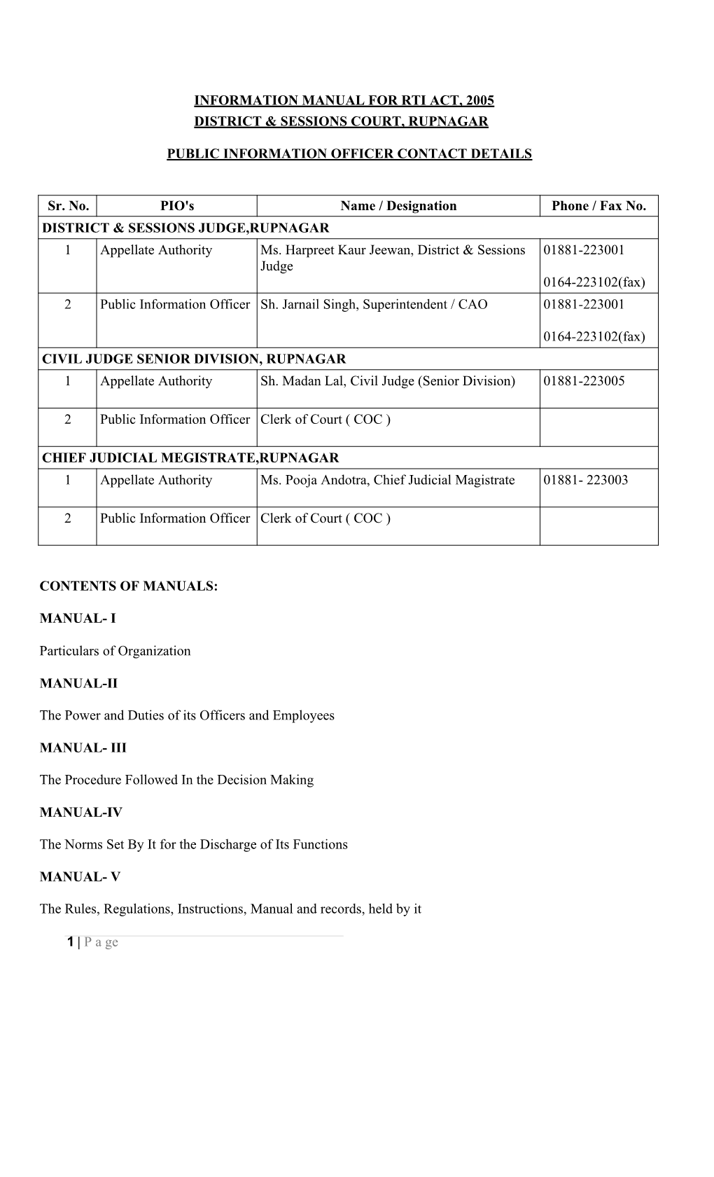 Information Manual for Rti Act, 2005 District & Sessions Court, Rupnagar