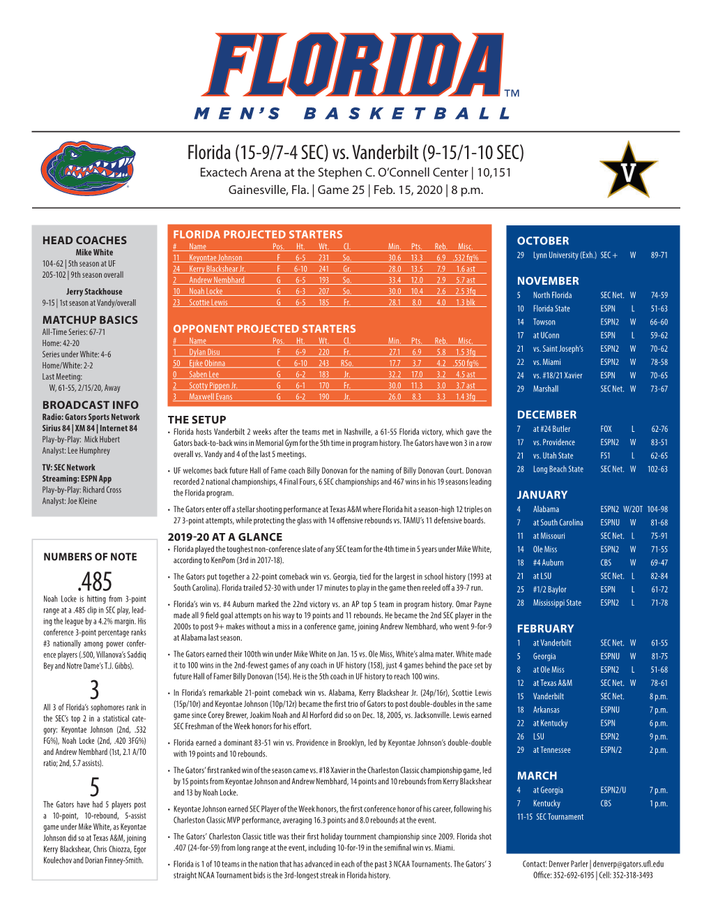 Florida (15-9/7-4 SEC) Vs. Vanderbilt (9-15/1-10 SEC) Exactech Arena at the Stephen C