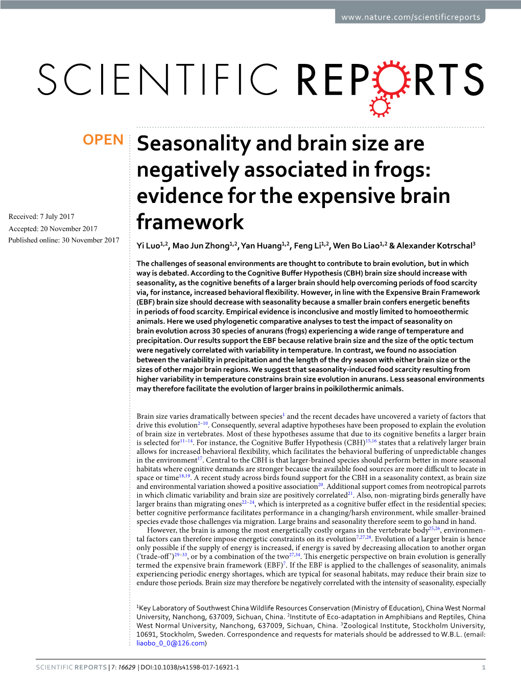 Seasonality and Brain Size Are Negatively Associated in Frogs