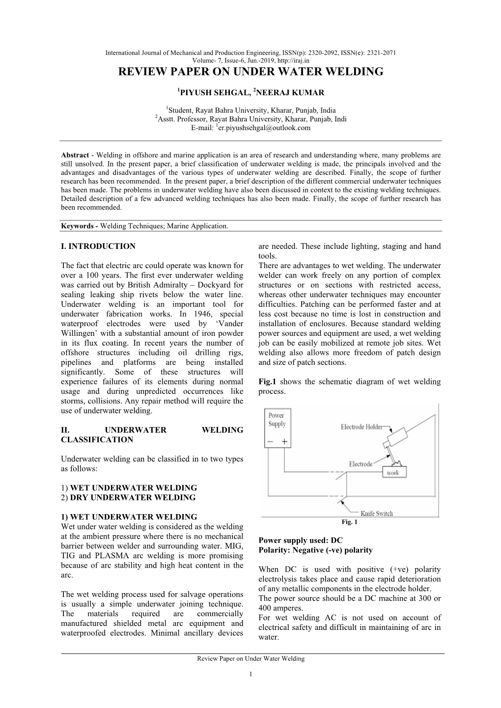 Review Paper on Under Water Welding