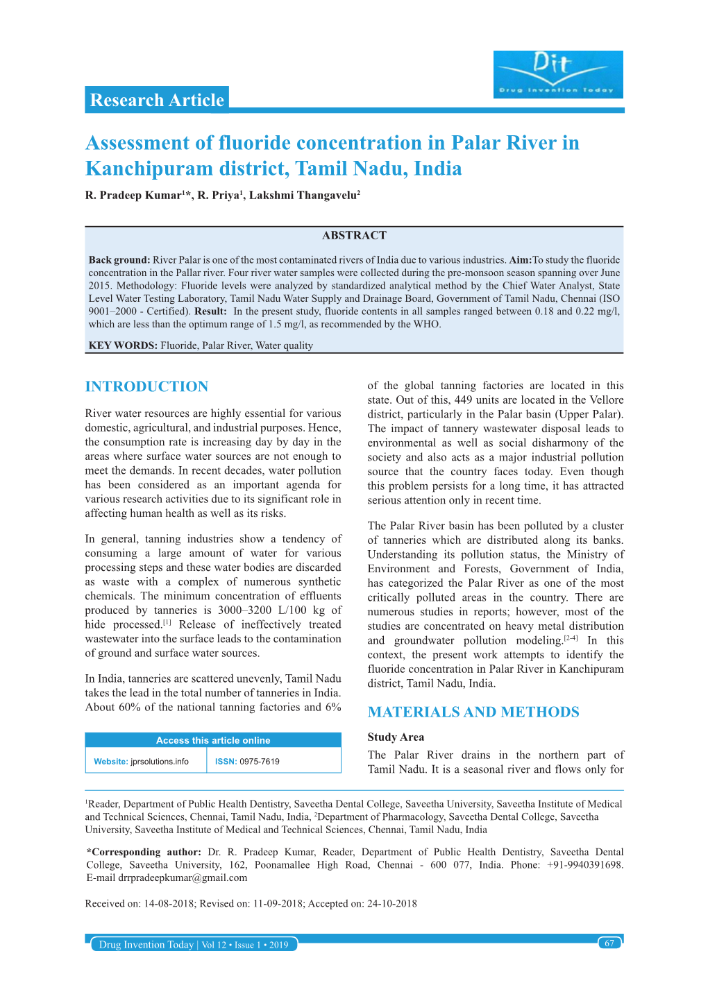 Assessment of Fluoride Concentration in Palar River in Kanchipuram District, Tamil Nadu, India R
