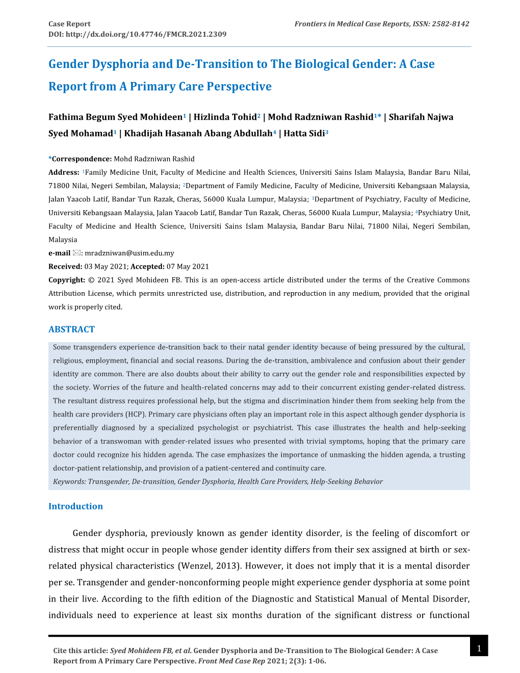 Gender Dysphoria and De-Transition to the Biological Gender: a Case Report from a Primary Care Perspective