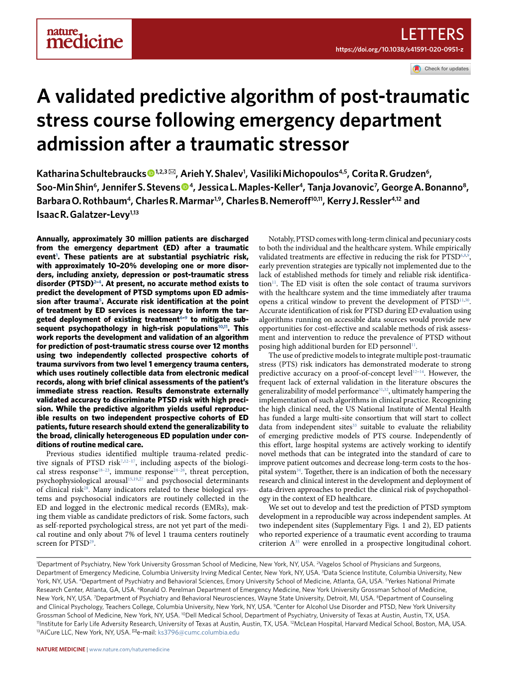 A Validated Predictive Algorithm of Post-Traumatic Stress Course Following Emergency Department Admission After a Traumatic Stressor