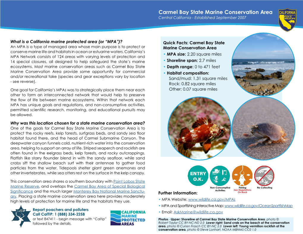 Carmel Bay State Marine Conservation Area Central California - Established September 2007