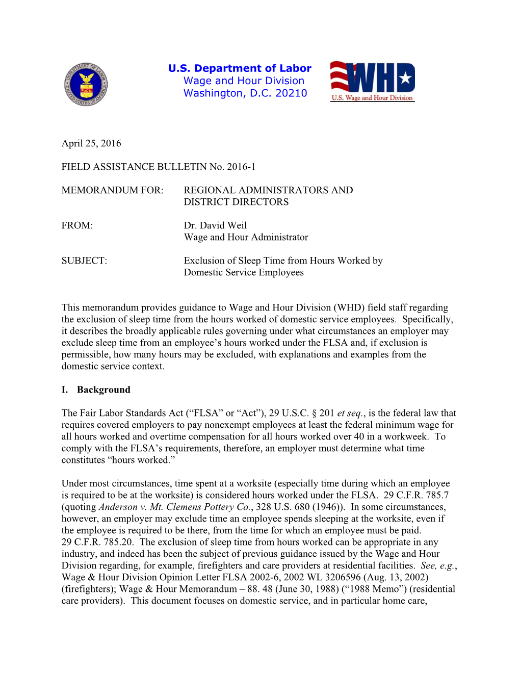 FIELD ASSISTANCE BULLETIN No. 2016-1