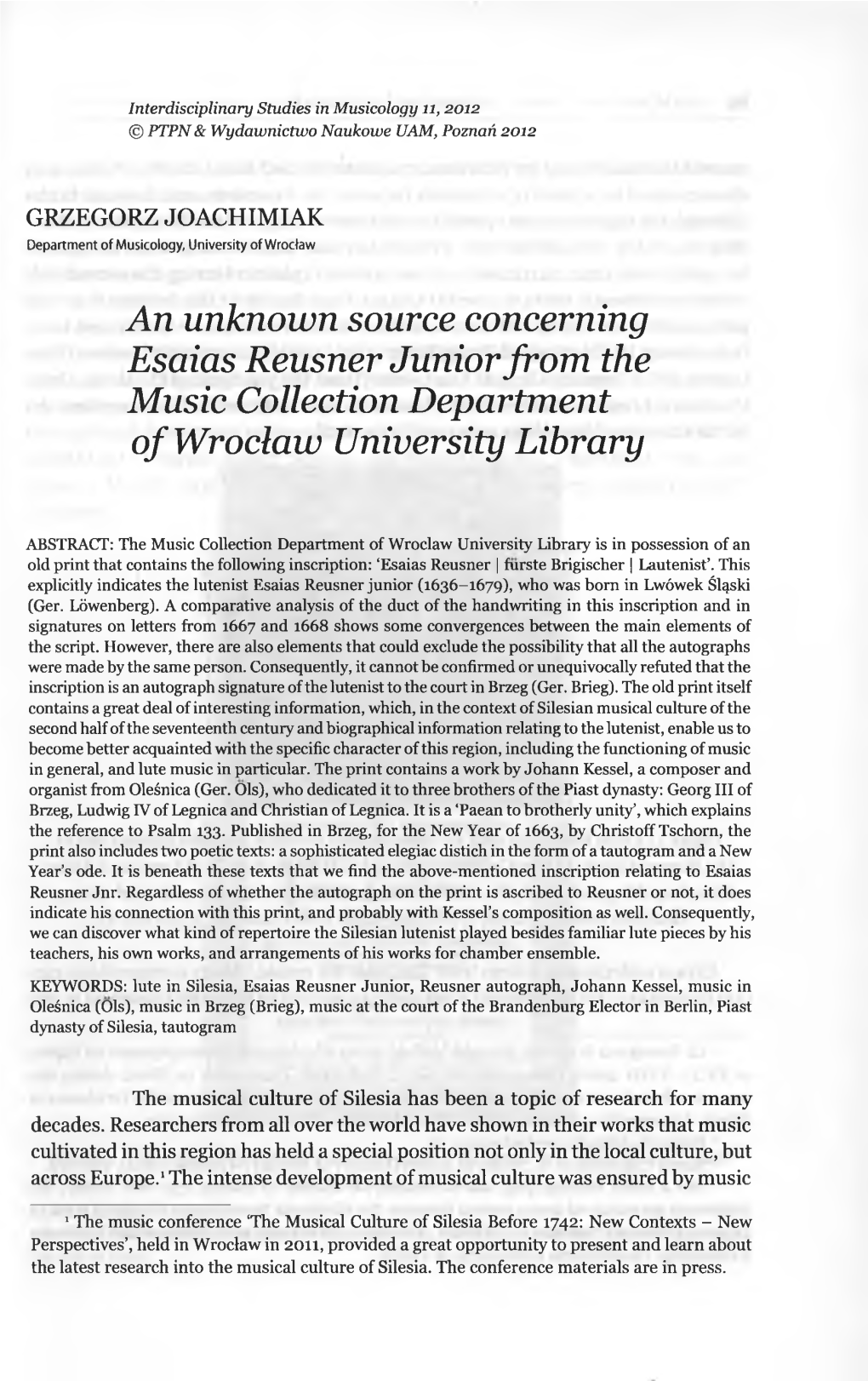 An Unknown Source Concerning Esaias Reusner Junior from the Music Collection Department of Wroclaw University Library