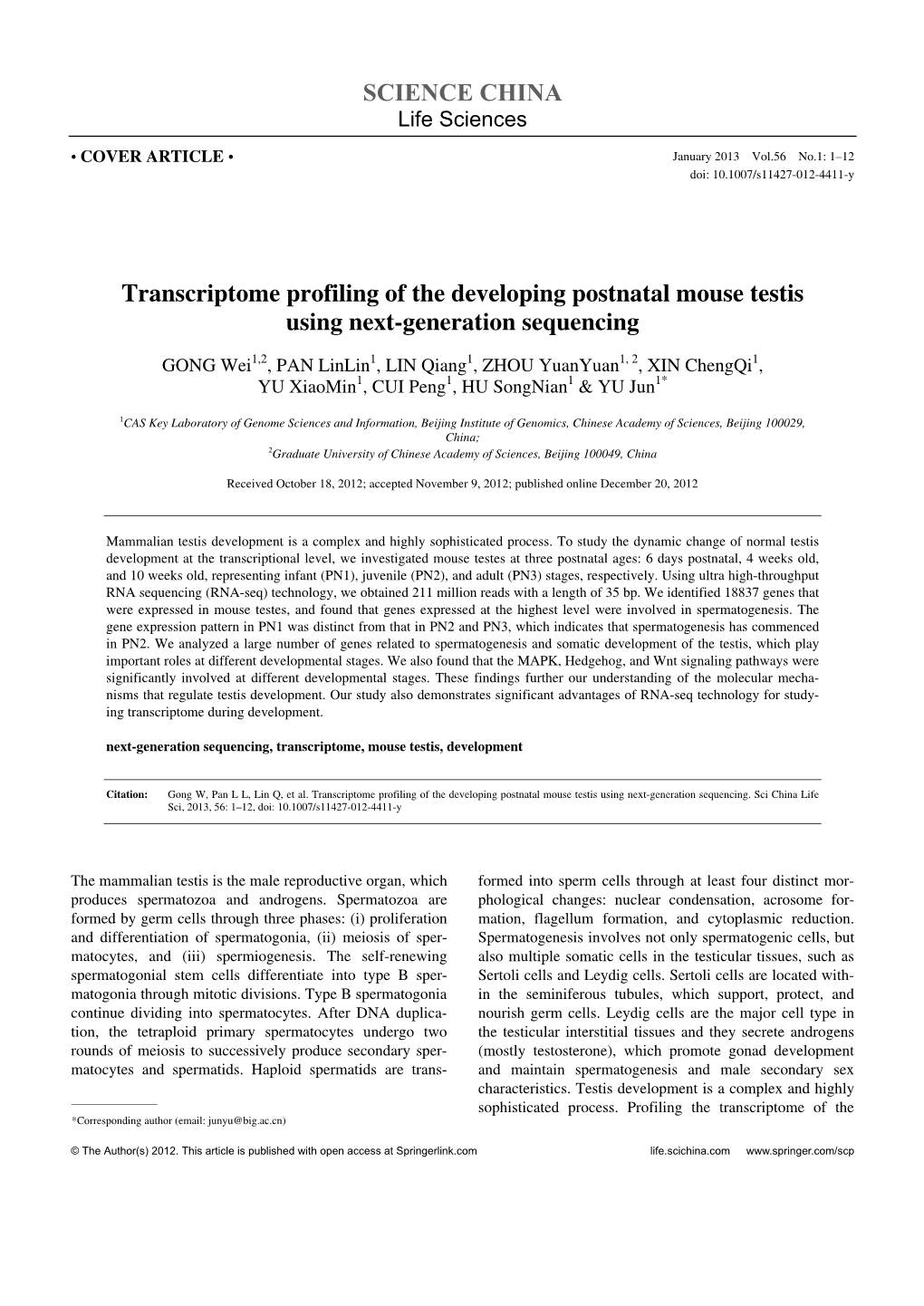 SCIENCE CHINA Transcriptome Profiling of The