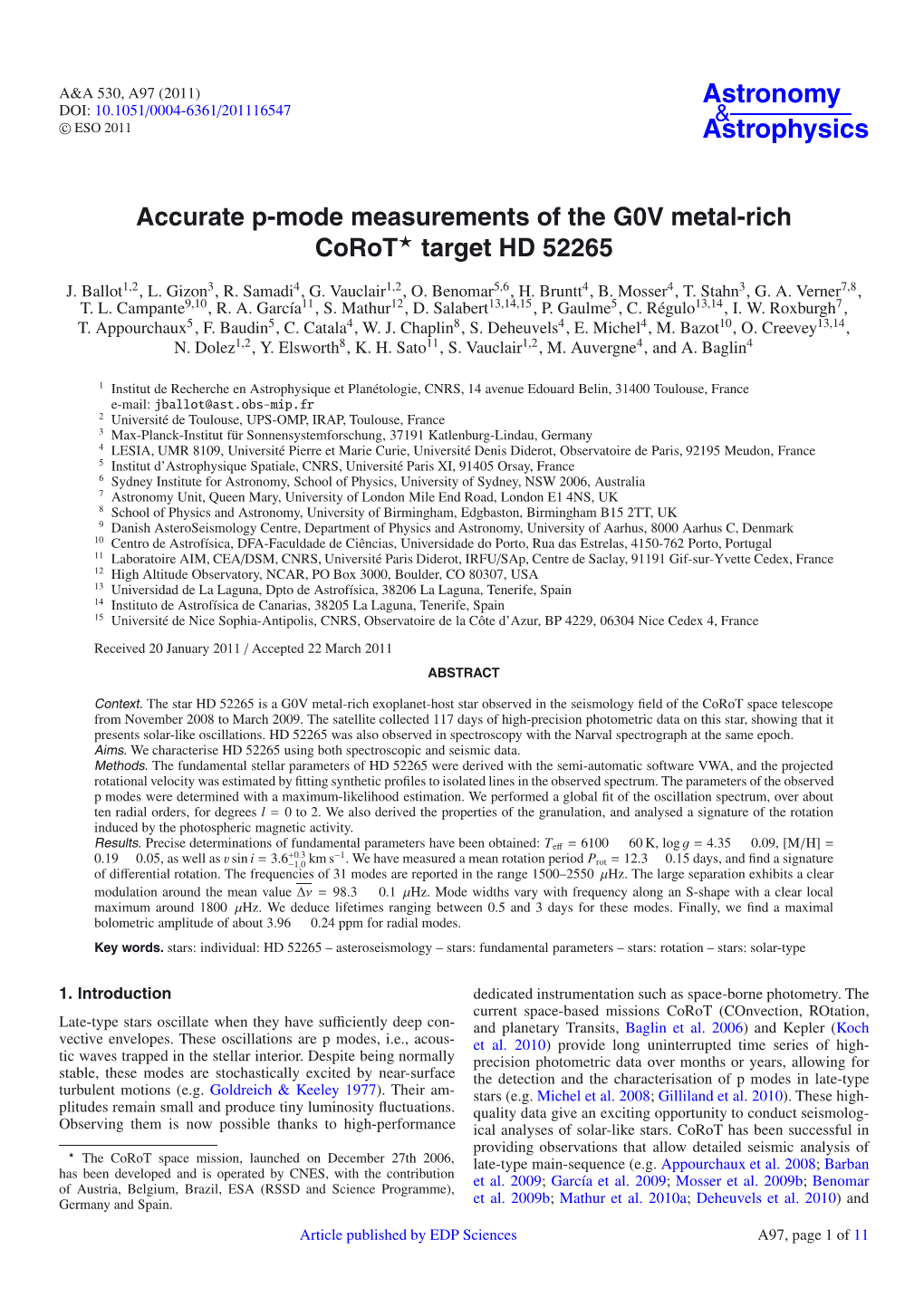 Accurate P-Mode Measurements of the G0V Metal-Rich Corot⋆ Target