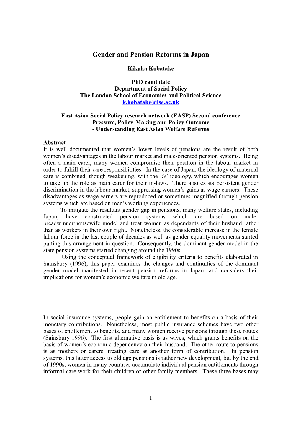 Abstract for East Asian Social Policy Research Network (EASP) Second Conference