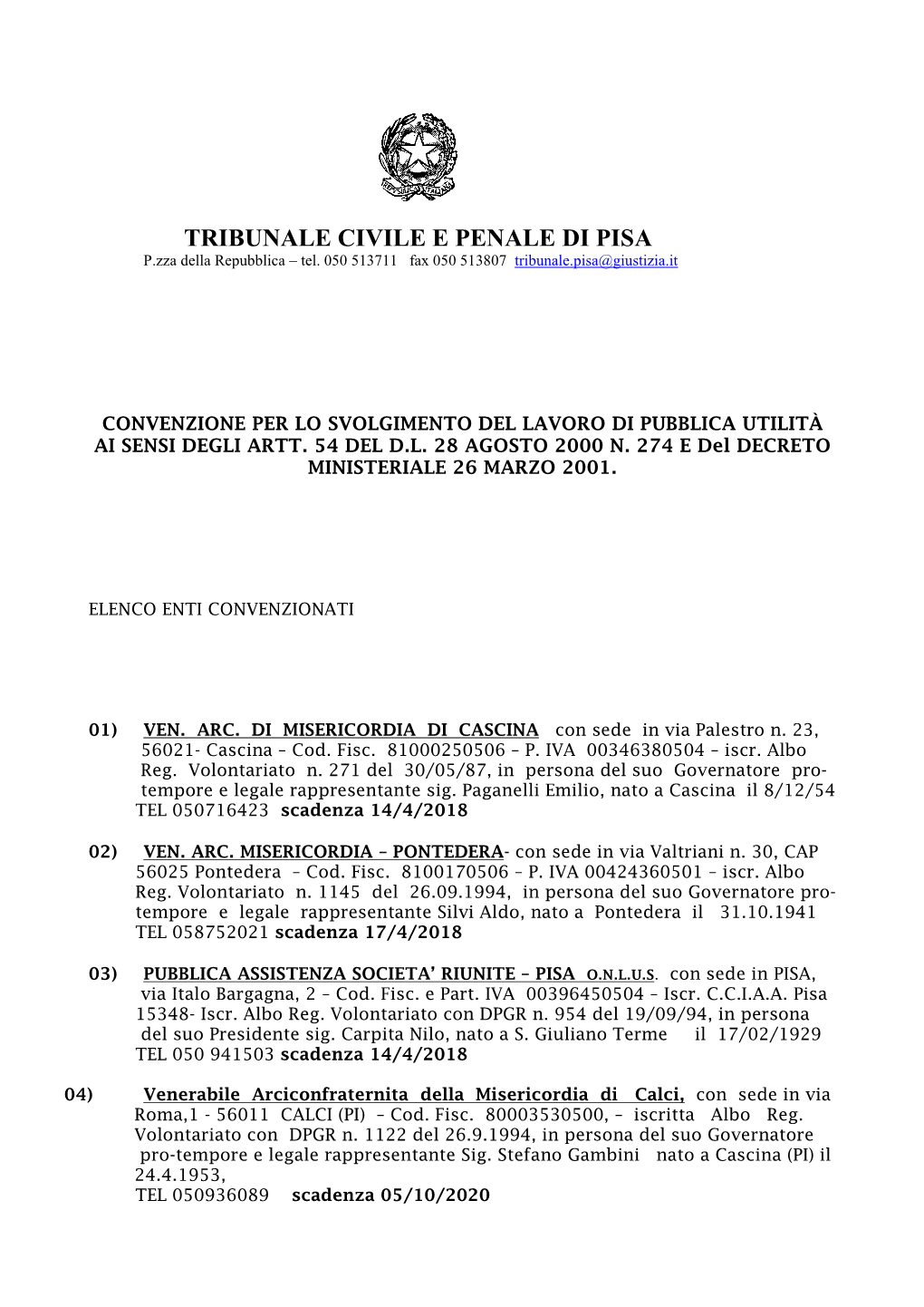 TRIBUNALE CIVILE E PENALE DI PISA P.Zza Della Repubblica – Tel