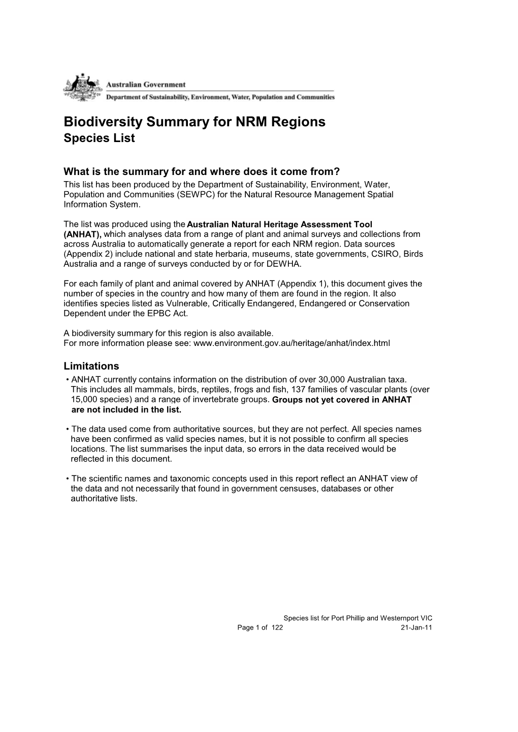 Biodiversity Summary: Port Phillip and Westernport, Victoria