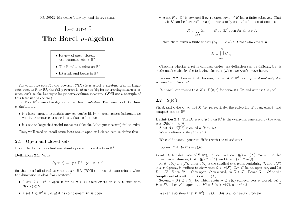 Lecture 2 the Borel Σ-Algebra