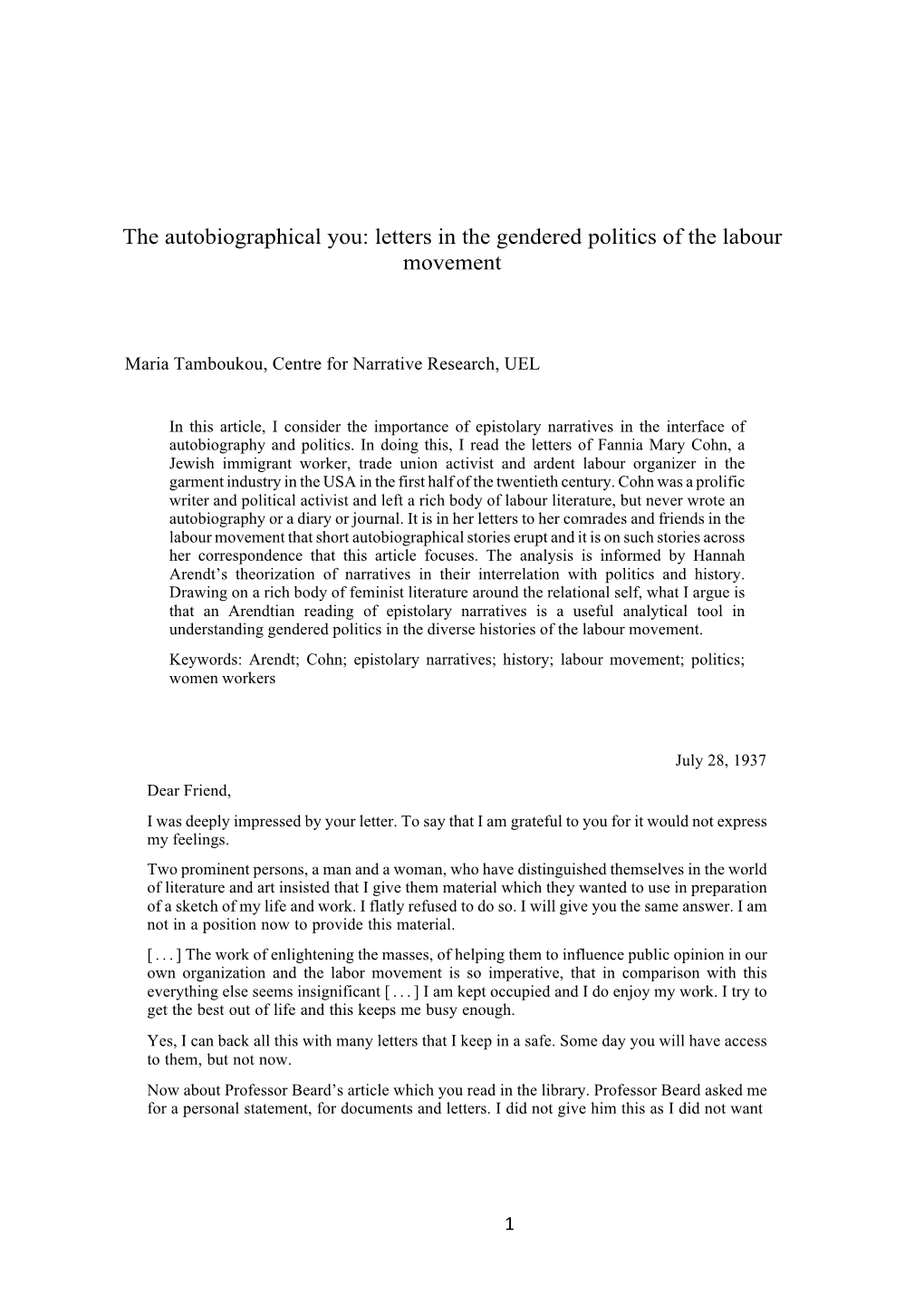 The Autobiographical You: Letters in the Gendered Politics of the Labour Movement